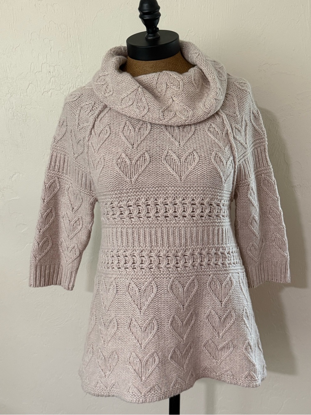 ⁠Anthropologie Sleeping on Snow Heart Cable Knit Cowl Neck Wool Sweater Small